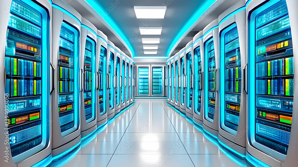 Poster futuristic server room with rows of illuminated data storage units
