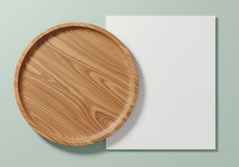 Wooden tray mockup with blank paper for food presentation design