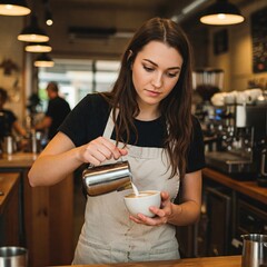 young woman barista making coffee in cafe