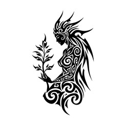 Obraz premium Woman with Floral Design Nurturing Nature in Tribal Art Style 