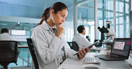 Science, tablet and thinking with woman in laboratory for healthcare, medical or pharmaceutical...