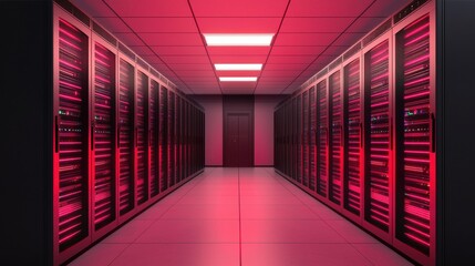 Fototapeta premium Futuristic server room with glowing lights, cables, and rows of data storage equipment in a modern facility