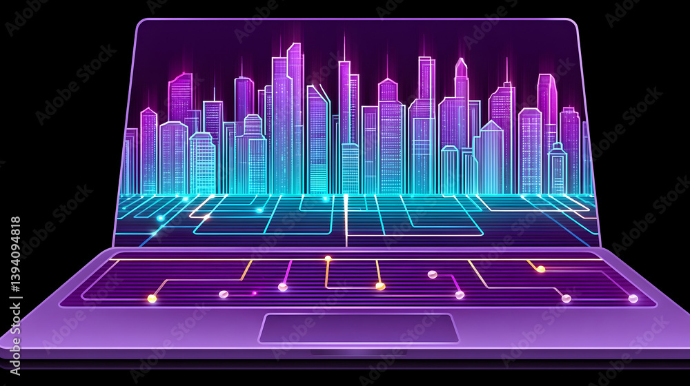 Poster laptop displaying a futuristic cityscape on its screen, circuit lines connecting the city to the dev