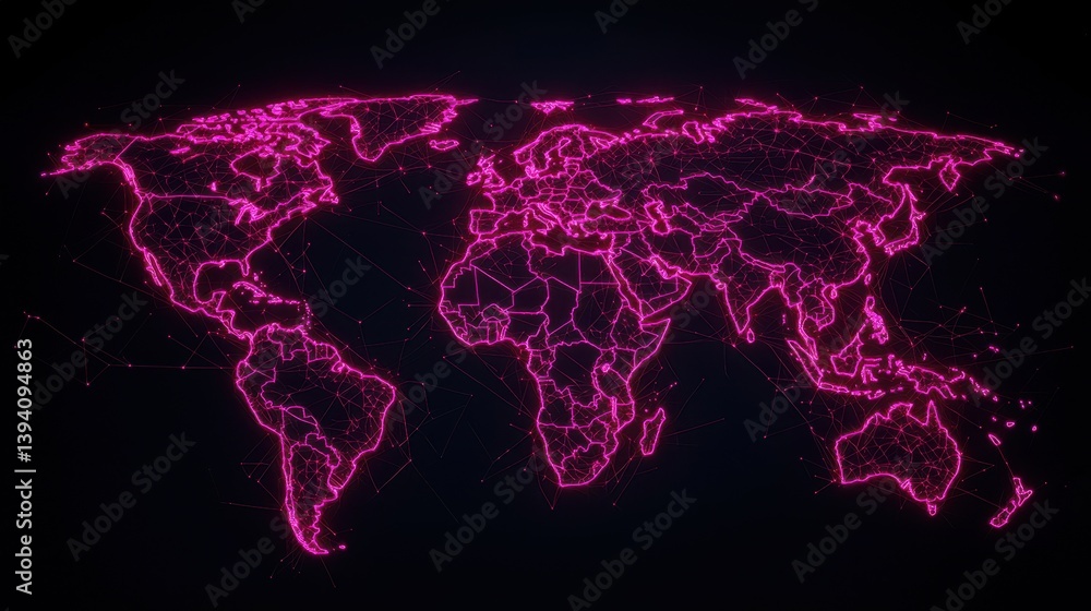Poster neon pink digital world map with geometric lines on black background for futuristic technology conce