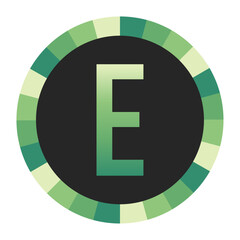 Graphic Image of a Circle with Lime Green, Emerald Green, and Off-White Gradients Featuring a Prominent Dark Green Capital Letter “E” on a Solid Black Background.