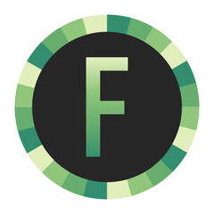 Fototapeta premium Graphic Image of a Circle with Lime Green, Emerald Green, and Off-White Gradients Featuring a Prominent Dark Green Capital Letter “F” on a Solid Black Background.