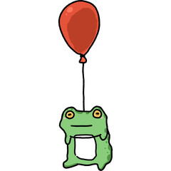 Green frog doodle floating by red balloon