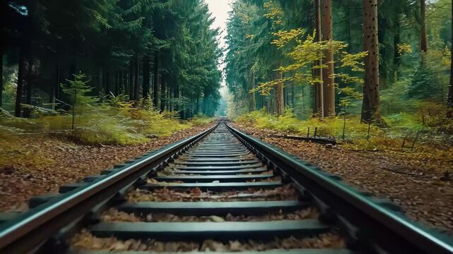 Train tracks meandering through a serene forest landscape with a seamless timelapse view, forest view on the train track seamless ing time lapse virtual video Background