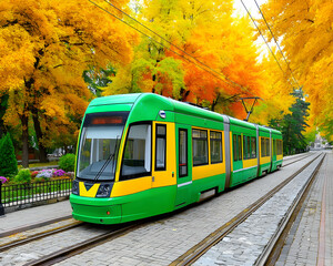 Naklejka premium Modern green and yellow tram traveling along autumnal tree-lined street