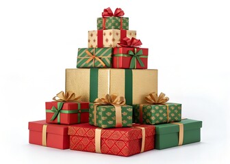 "Symmetrical Tower of Classic Christmas Gifts &ndash; Red, Green & Gold on White Background"