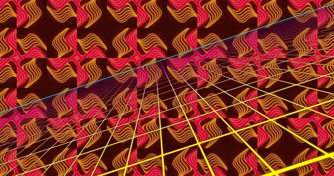 Animation with vibrant yellow and pink geometric patterns over dark background