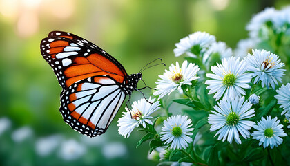 Orange butterfly on white flowers in sunlight