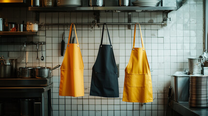 Set of vibrant aprons hanging in tiled restaurant kitchen representing roles in hospitality industry