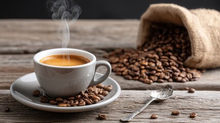 Aromatic Coffee Cup with Steam and Coffee Beans on Rustic Table