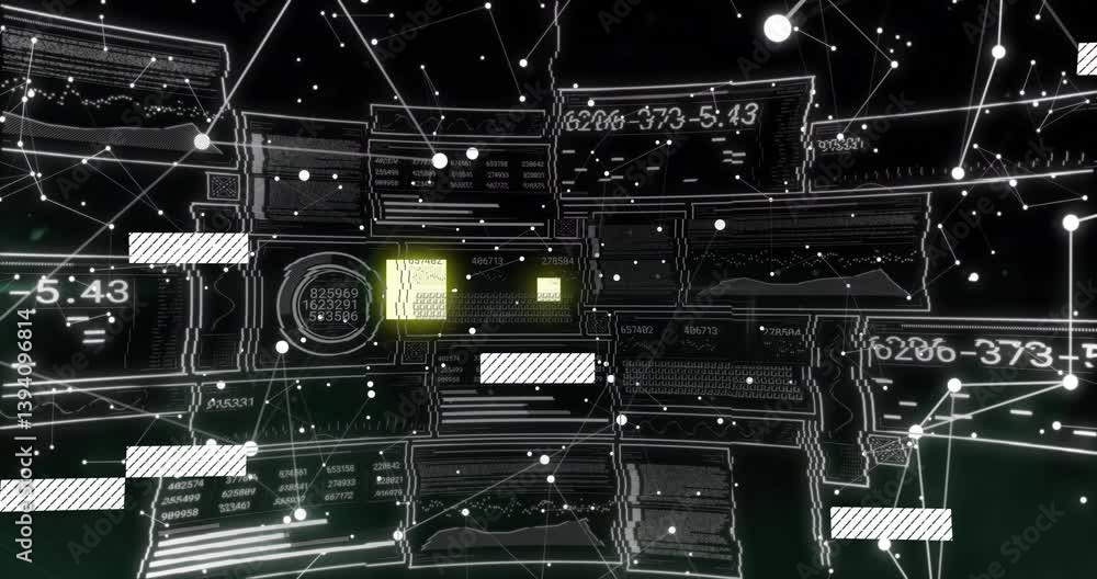 Poster animation of futuristic digital interface with data graphs over dark background