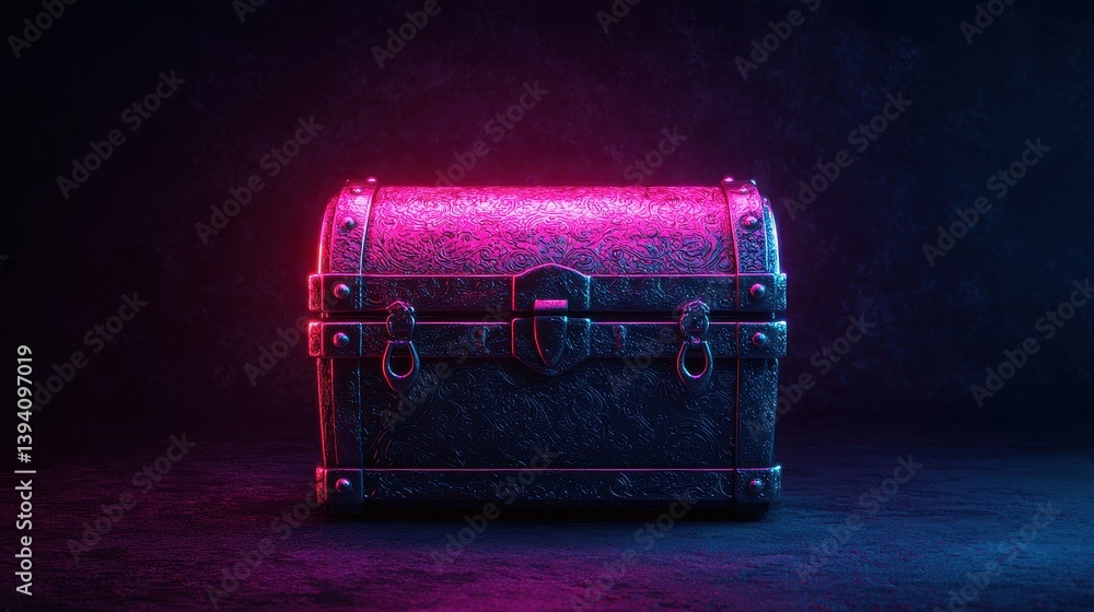 Poster vintage treasure chest illuminated with neon lights in a dark setting emphasizing mystery and advent