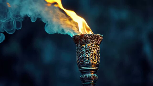 Intricate torch design glowing with flame and emitting swirling smoke in dark surroundings, Closeup of lit torch with intricate design emitting smoke on dark background