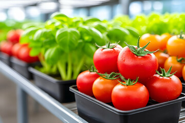 Ripe red tomatoes and fresh basil in greenhouse containers