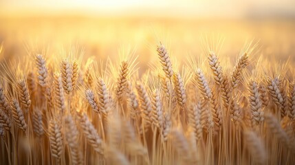 Fototapeta premium A tranquil golden wheatfield bathed soft hues of twilight, individual stalks glistening as they catch fading sunlight, a gentle breeze adding movement to scene,