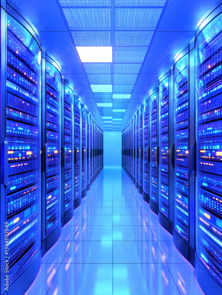 Poster rows of illuminated server racks in a modern data center (3)