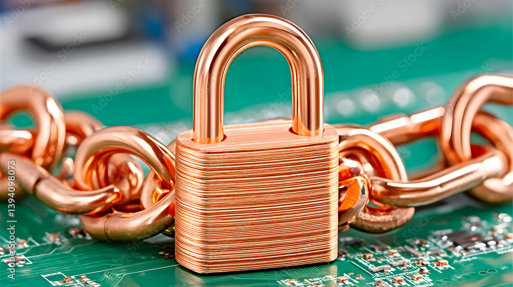 Poster secure copper padlock chained on circuit board