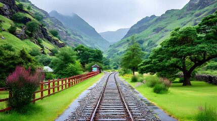Scenic railway tracks disappearing into a lush green valley
