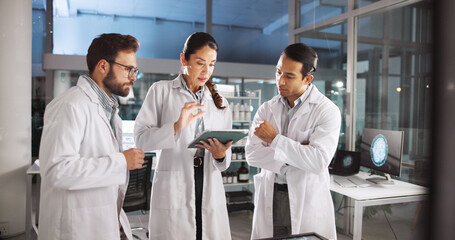 People, scientist and talk in meeting on tablet with research, medical investigation and...