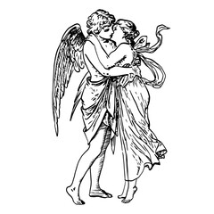 Line art illustration of Cupid and Psyche in a kiss, reminiscent of classical engravings. 