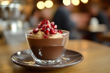 A delicate dessert featuring chocolate and vibrant red pomegranate seeds