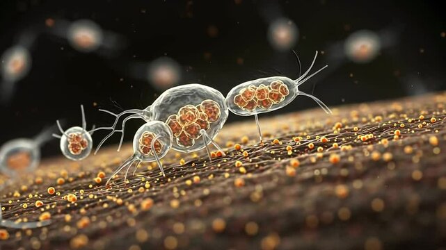 Soil microbiome. Bacteria, microbes in soil. Many micro-organisms moving about in soil. Microscopic life underground below the earth. 3d animation render