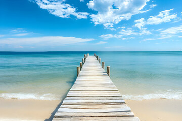 Fototapeta premium Tranquil wooden pier extending into a serene azure ocean under a vast, cloud-filled sky.