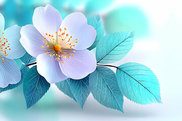 Soft, pastel blue flowers and leaves on a blurred background