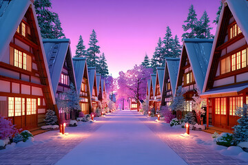 Snow-covered village street with traditional houses at twilight