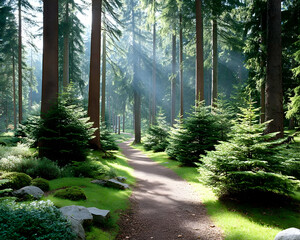 Obraz premium Sunbeams illuminate a tranquil path winding through a lush evergreen forest