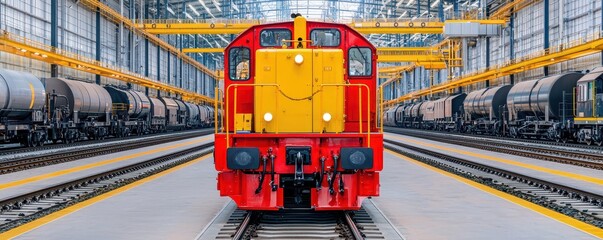 Chief engineer consult with team concept. Industrial train in a workshop environment with trains lined up on tracks.