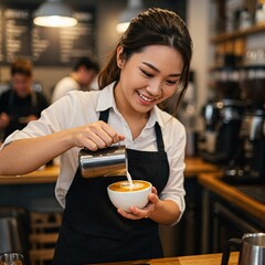young asian woman barista is making coffee in the cafe