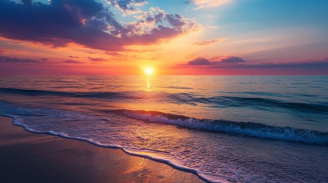 Ocean waves gently rolling onto the beach under a vibrant sunset with colorful clouds above the horizon