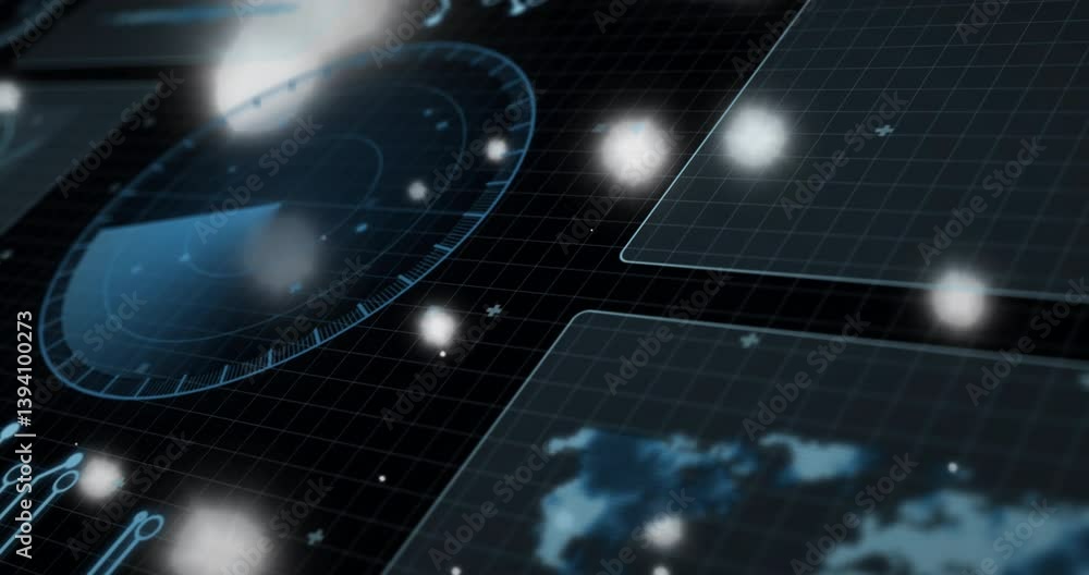 Poster animation of digital interface glowing with grid patterns over abstract background