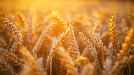 Close-up of golden wheat stalks bending gently wind, delicate textures illuminated by last rays of sunlight, subtle motion captured sharp detail,