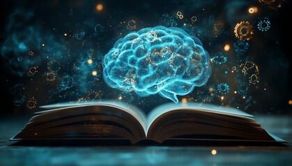 Glowing brain above open book, knowledge concept.