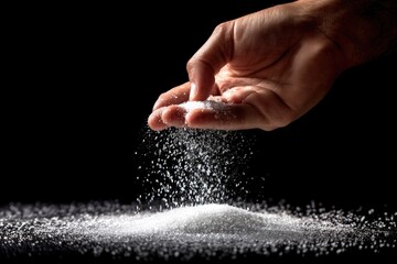 A hand sprinkling a pile of salt over a dark surface.