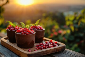 Chocolate desserts topped with red pomegranate seeds and greenery