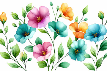 Vibrant pastel flowers and green leaves on white background