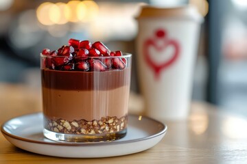 A Layered Chocolate Dessert Garnished with Fresh Pomegranate Seeds