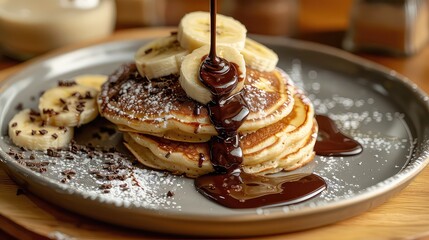 Delicious stack of pancakes with bananas and chocolate syrup