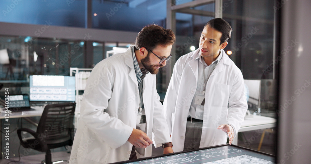 Poster scientist, people and teamwork with screen for lab review, medical research or innovation. computer 