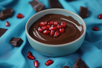 Chocolate pudding in a bowl topped with fresh pomegranate seeds