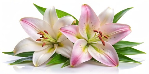 Fototapeta premium Delicate White and Pink Lilies with Green Leaves, floral, lily, flower, blossom, beauty