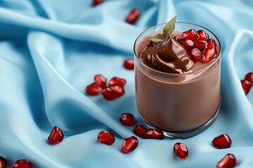 A glass of chocolate pudding garnished with pomegranate seeds