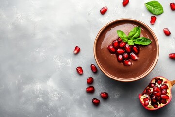 A bowl of chocolate pudding garnished with pomegranate seeds